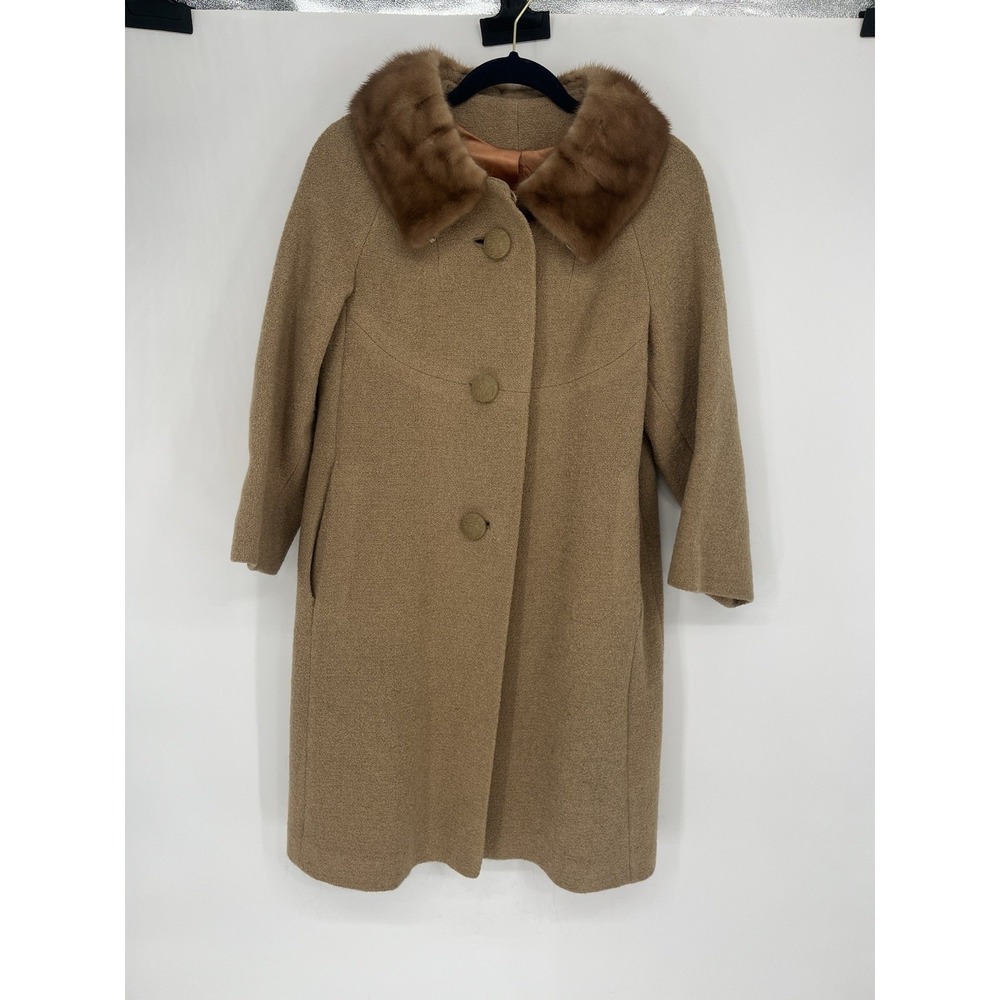 Stevens Hockanum Fabric Topaz Long Vintage Coat Fur Collar Med 50s *Small Damage